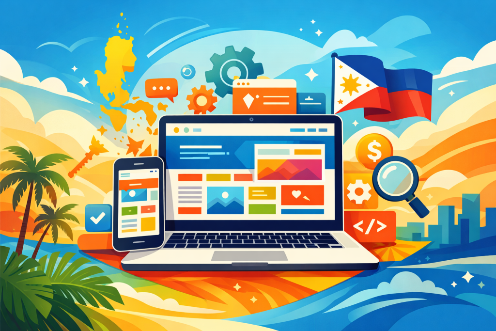 Illustration of laptop and smartphone with responsive website design representing affordable web design in the Philippines